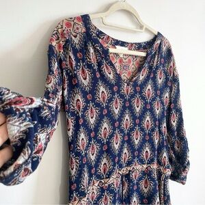 En Elly Blue 3/4 Sleeve Fitted Blouse with Pockets and Waist Tie, Bohemian Tunic